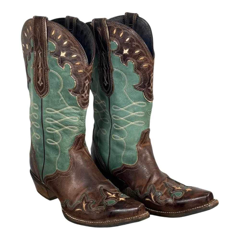 Ariat Brown and Teal Western Heeled Cowboy Boots - Picture 11 of 13